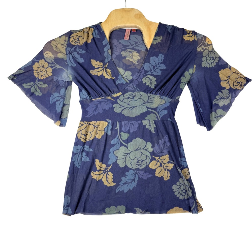 Y2K Blue Floral Mesh Flowy Boho Flutter Sleeve Top Medium
